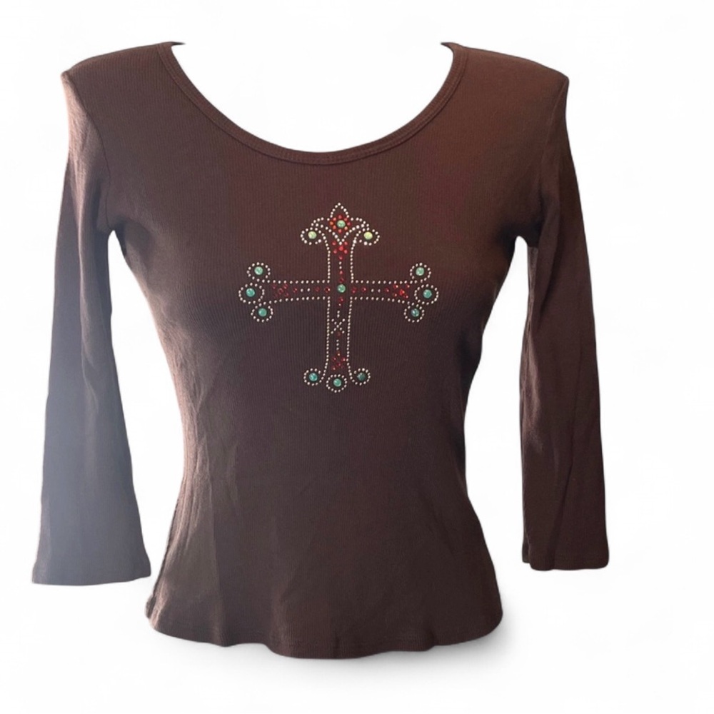 Nally & Millie Brown Long Sleeve Top with Embellished Cross
